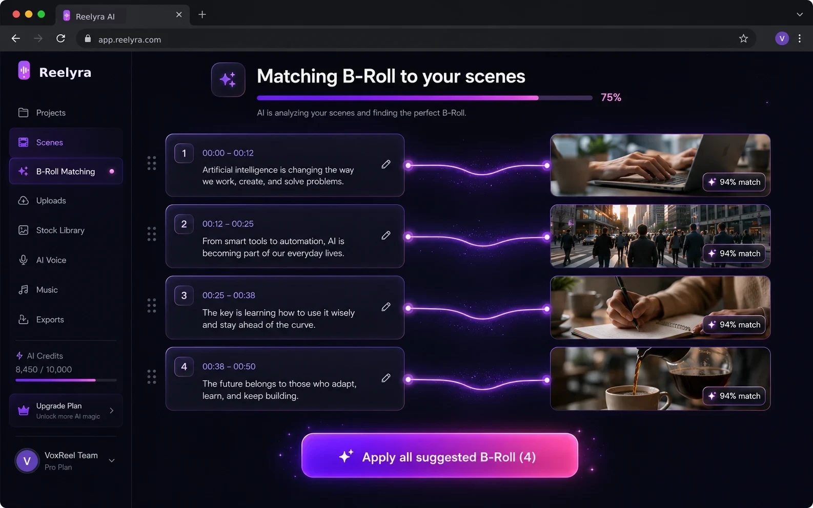 The AI pairs every scene of your transcript with matching B-Roll