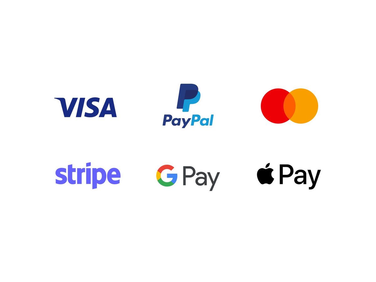 Visa, Mastercard, PayPal, Stripe, Google Pay, Apple Pay